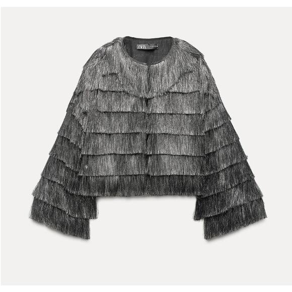 ZARA Fringed Metallic Thread Jacket NWT Silver Size S - Picture 15 of 16